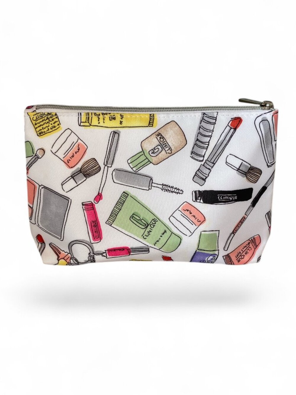 Clinique Makeup Print Cosmetic Bag Colorful White Silver Zipper